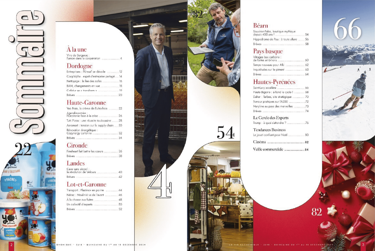 Sommaire du magazine La Vie Économique de décembre 2014, avec sections Régions (Dordogne, Gironde, etc.) et thèmes (Béarn, Pays Basque), numéros 22, 54, 66, 82.