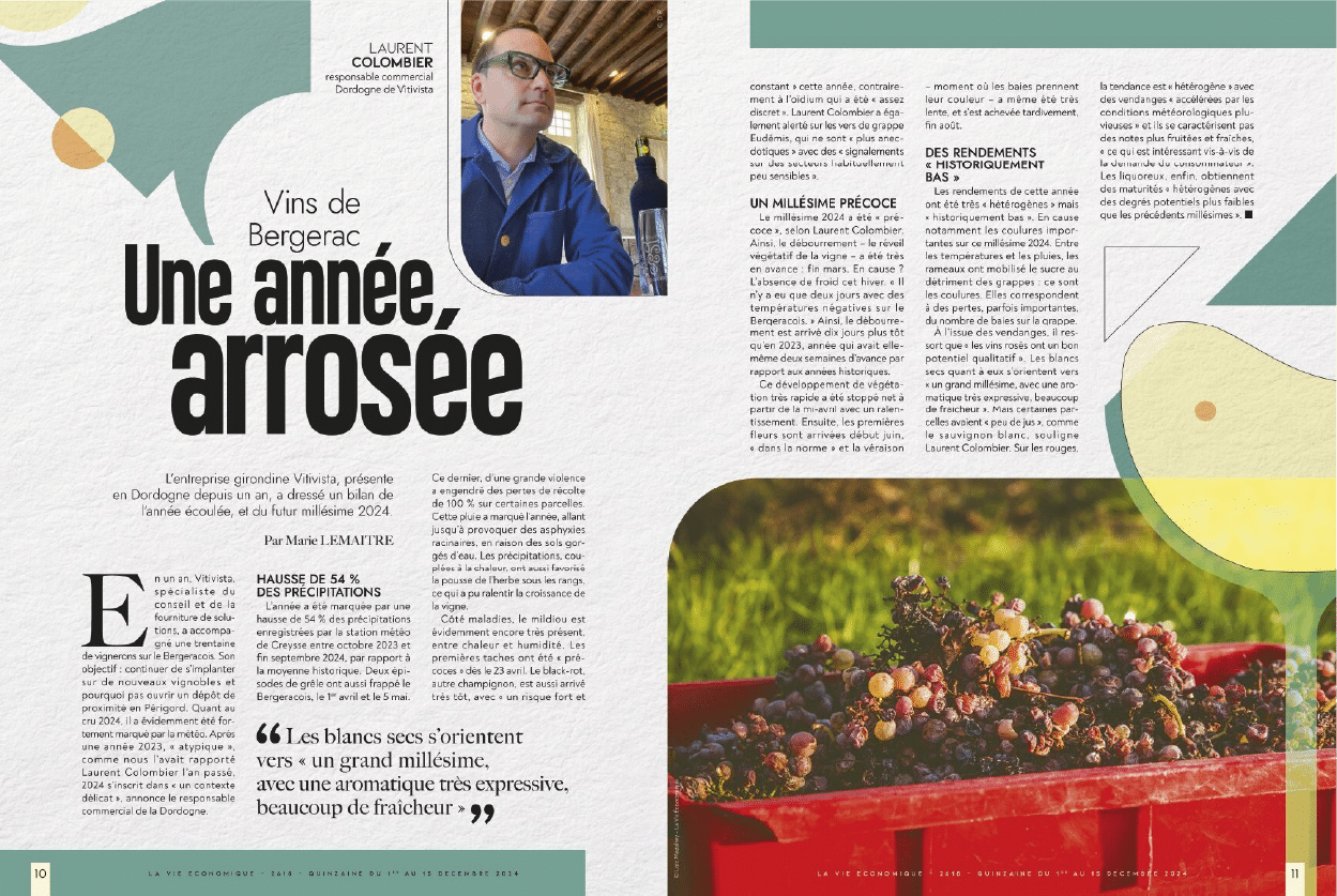 Laurent Colombier de Vitivista analyse le bilan 2024 des Vins de Bergerac : « Une année arrosée », avec une hausse de 54 % des précipitations.