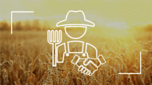 Icône d'agriculteur avec fourche et poignée de main sur fond de champ de blé au coucher du soleil, symbolisant l'accord agricole.
