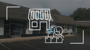 Façade de magasin avec l'icône blanche d'une boutique superposée et d'une loupe examinant des caisses. Le panneau visible indique "WIVISA".