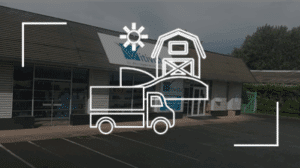 Magasin Vitivista avec icônes d'agriculture : soleil, camion de livraison et grange, suggérant des produits viticoles et agricoles.