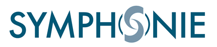 Logo SYMPHONIE : Design de marque élégant et moderne. Logo SYMPHONIE en bleu sarcelle. Le O est remplacé par un emblème circulaire gris doublement incurvé, stylisation de marque.